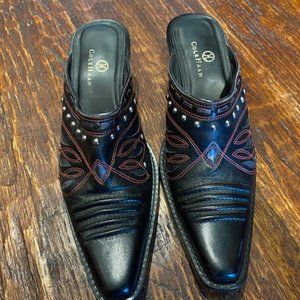 COLE HAAN * BLACK tooled WESTERN Slide BOOTS Red Stitching SILVER STUDS ~ sz 8 B